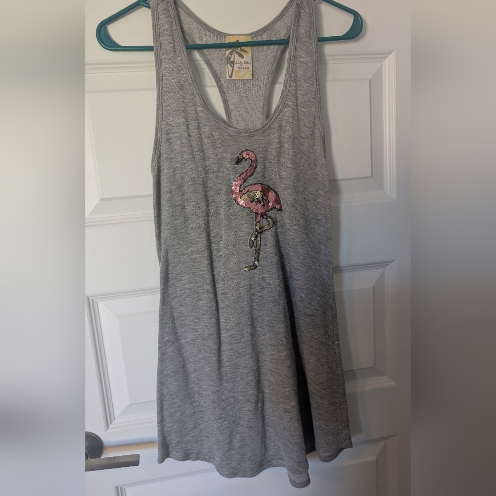 Gray Tank Top with Sequin Flamingo